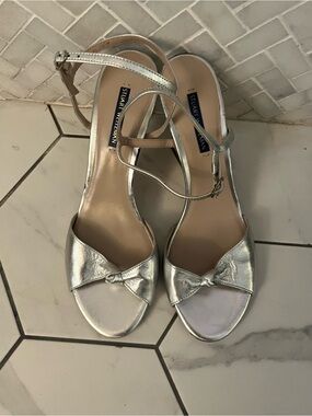 Stuart Weitzman Metallic Silver Knot-Front Slingback Sandals